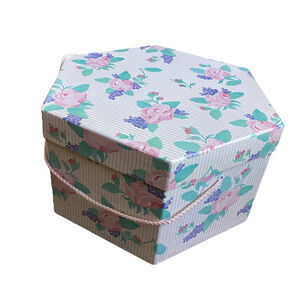 Decorative Hat Box Spring Rose Design W/Braided Cord Handle 12” Octagon Vintage